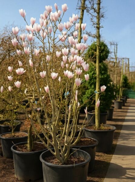 Magnolia soulangiana, Tulpen-Magnolie 200-250 cm C125, mehrstämmiger Kübelstrauch mit rosafarbenen Blütenknospen