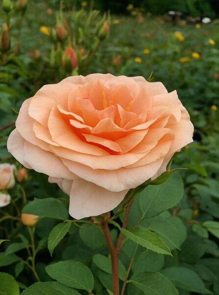 Beetrose Rosa 'Impala' ® mit apricotfarbenen, gefüllten Blüten in Nahaufnahme am Stiel mit grünem Laub