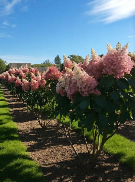 Rispen-Hortensie Hydrangea paniculata 'Pinky Winky ®' Schirmform, 150–175 cm, mit rosa-weißen Rispenblüten.