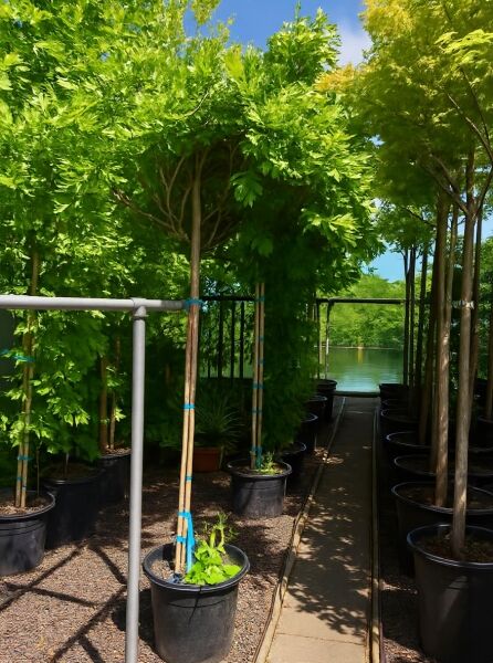 Weißer chinesischer Blauregen Hochstamm (Wisteria sinensis 'Alba') im Container, Stamm gebunden, mit belaubter Krone.