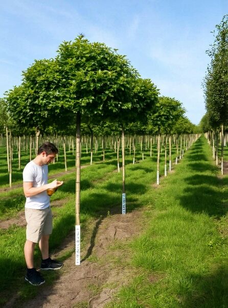 Quercus palustris 'Green Dwarf' – Kugelsumpfeiche 'Green Dwarf' als Hochstamm mit kugeliger Krone, ca. 225 cm, StU 10–12, mit Drahtballen.