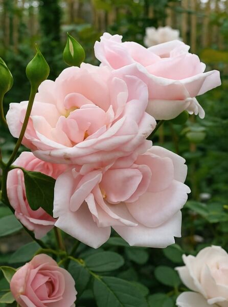 Rosa 'New Dawn'® / Kletterrose 'New Dawn' mit zartrosa, gefüllten Blüten und Knospen am Trieb