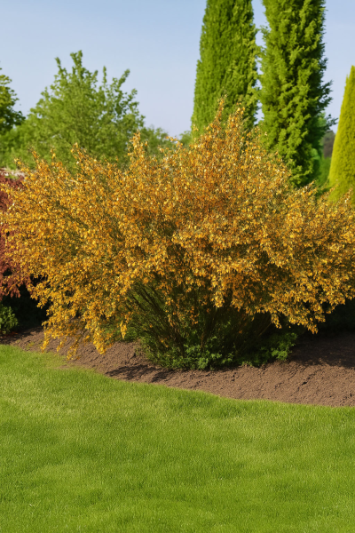 Ginster 'La Coquette' (Cytisus scoparius 'La Coquette') als breit wachsender Strauch mit gelben Blüten im Gartenbeet.