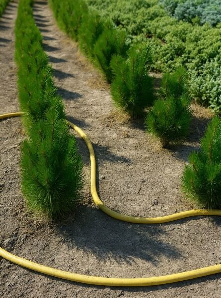 Pinus nigra 'Scholz' / Schwarz-Kiefer 'Scholz', kompakte Jungpflanzen mit dichtem, dunkelgrünem Nadelwerk in Reihen gepflanzt