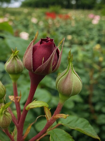 Edelrose 'Tiamo' (Rosa 'Tiamo'®) mit dunkelroter Blütenknospe und zwei grünen Knospen am Stiel mit Laubblättern