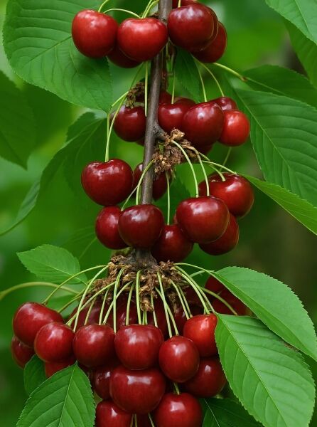Prunus avium 'Dubbele Meikers' / Süßkirsche 'Dubbele Meikers' mit reifen roten Kirschen in dichten Fruchtbüscheln am Zweig