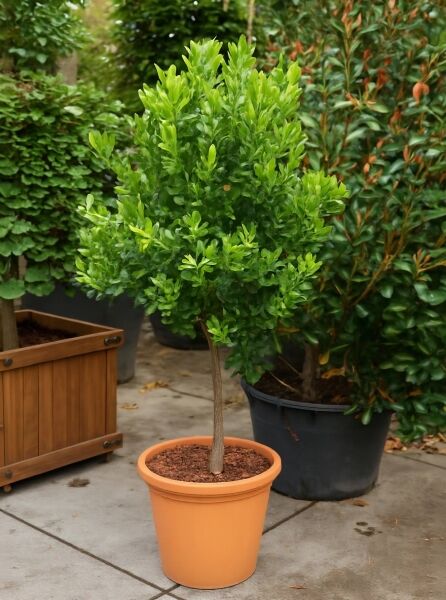 Zitronenbaum (Citrus limon) als Hochstamm im Topf, ca. 80 cm Stamm, C20, dichtes grünes Laub.