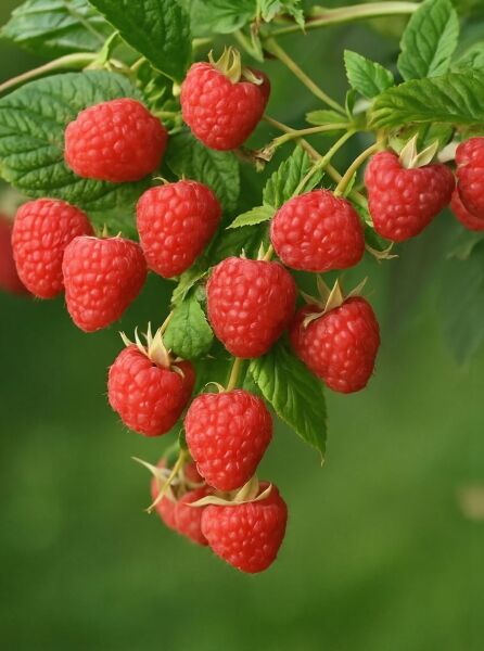 Rubus idaeus 'Tulameen' / Himbeere 'Tulameen' mit reifen roten Früchten am Trieb und grünen Blättern