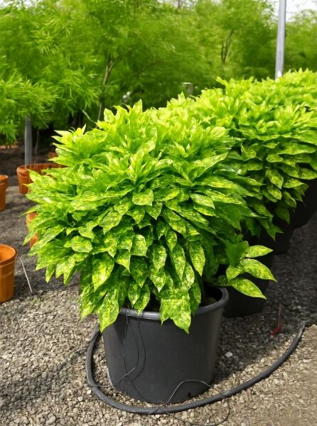 Japanische Aukube (Aucuba japonica) 'Crotonifolia' im Container, panaschiertes gelbgrünes Laub, Goldorange 125–150 cm C50