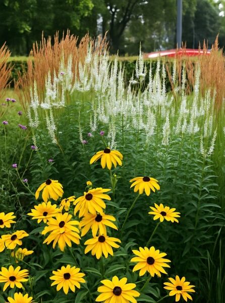 Veronicastrum virginicum 'Alba' / Kandelaber-Garten-Ehrenpreis 'Alba' mit weißen Blütenkerzen im Staudenbeet