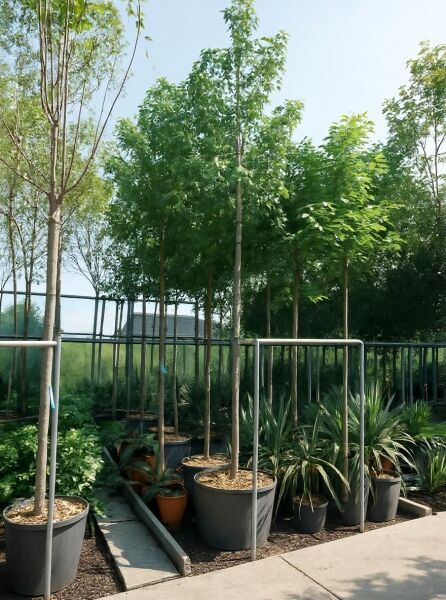 Liquidambar styraciflua (Amerikanischer Amberbaum) Hochstamm im Container, mit geradem Stamm und grüner Krone.