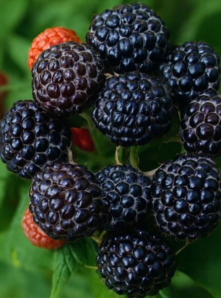 Rubus idaeus 'Black Jewel' / Schwarze Himbeere 'Black Jewel' mit dunkelviolett-schwarzen, reifen Früchten am Trieb
