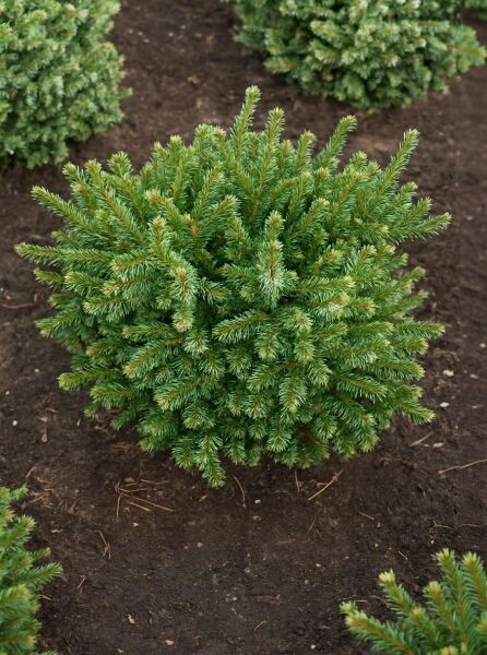 Picea omorika 'Pimoko' / Serbische Zwerg-Fichte 'Pimoko', kompakter kugeliger Wuchs mit dichtem, grünem Nadelkleid.