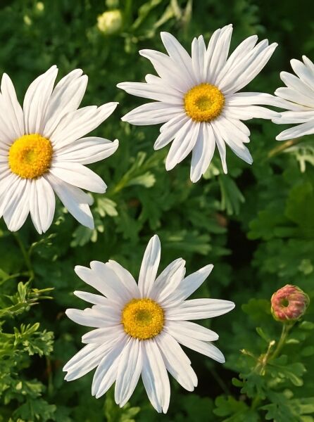 Grönlandmargerite (Arctanthemum arcticum) mit weißen Zungenblüten und gelber Mitte, drei offene Blüten und eine Knospe.