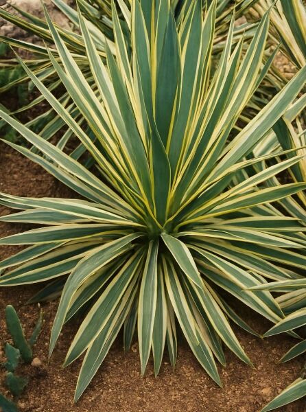 Yucca gloriosa 'Variegata' (Gelbbunte Kerzen-Palmlilie) mit rosettig angeordneten, grün-gelb panaschierten Blättern