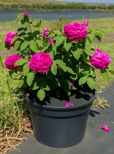 Strauchrose Rosa 'Rose de Resht' im Topf C5 mit gefüllten, pinken Blüten und grünem Laub