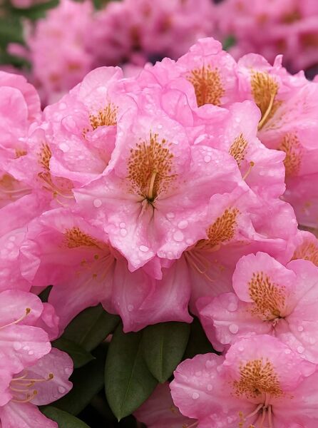 Rhododendron Hybride 'Scintillation' (Rhododendron 'Scintillation') mit rosa Blüten und gesprenkelter Zeichnung, Nahaufnahme