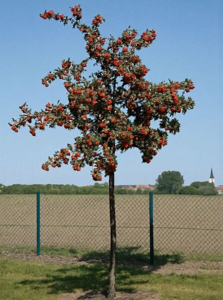 Sorbus hybrida 'Gibbsii' (Finnland-Mehlbeere 'Gibbsii') als Hochstamm mit grünem Laub und orange-roten Beerenrispen