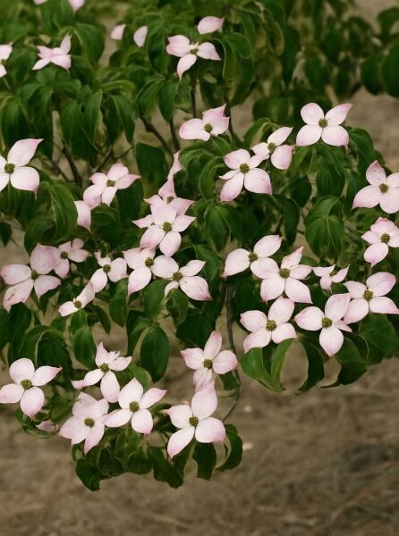 Japanischer Blumen-Hartriegel Cornus kousa 'Mount Fuji' mit rosafarbenen Blüten und grünem Laub am Zweig