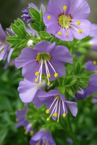 Polemonium boreale „Heavenly Habit“ (Jakobsleiter) mit violetten Blüten und gelben Staubbeuteln, Nahaufnahme der Blütenstände