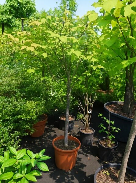 Großfrüchtiges Pfaffenhütchen (Euonymus planipes) als Hochstamm ca. 80 cm im Container C25 mit grünem Laub.