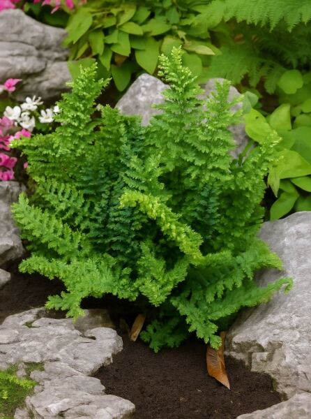 Krauser Wurmfarn (Dryopteris filix-mas 'Crispa Cristata') mit dichtem, krausem, hellgrünem Farnlaub im Beet.