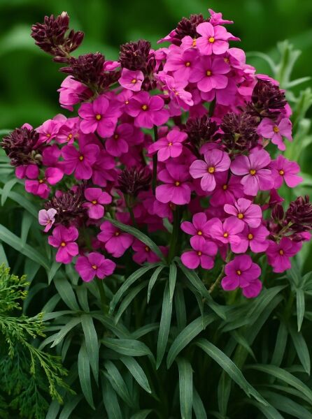 Violetter Schöterich (Erysimum cheiri) 'Bowles Mauve' mit zahlreichen violett-pinken Blüten und schmalen grünen Blättern.