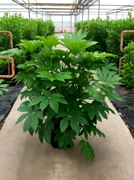 Zimmeraralie (Fatsia japonica) 100–125 cm im Topf C35, grüne handförmige, tief gelappte Blätter auf mehreren Trieben.