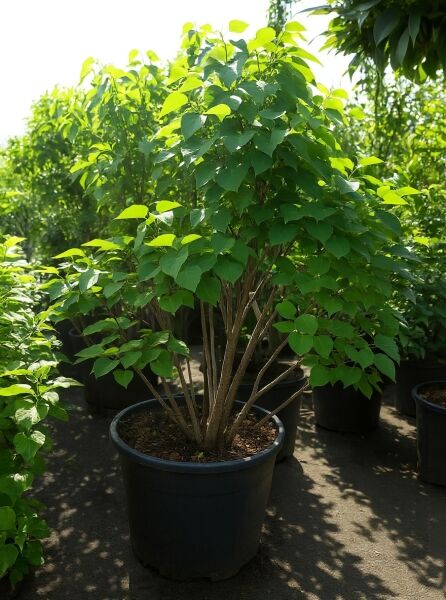 Syringa vulgaris 'Belle de Nancy', Gartenflieder im Container C50, Strauch mit grünem Laub, 150–175 cm Höhe