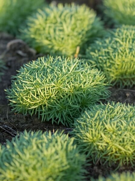 Zwerg-Grasnelke 'Brno' (Armeria juniperifolia 'Brno') mit kompakten, grünen, grasartigen Polstern im Beet.
