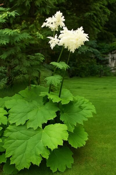 Astilboides tabularis (Tafelblatt) mit großen, runden grünen Blättern und weißen, fedrigen Blütenrispen auf hohen Stielen