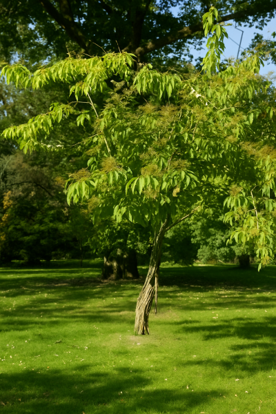 Ehretie (Ehretia acuminata / Ehretia thyrsiflora) als Baum mit lockerem Wuchs, grünen Blättern und verzweigter Krone.