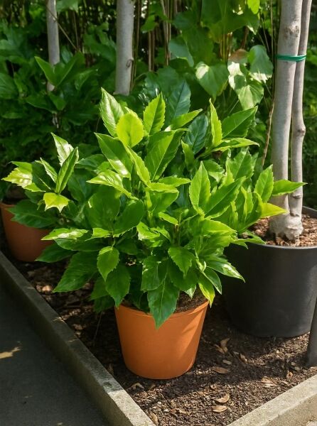 Japanische Aukube (Aucuba japonica) 'Rozannie', Goldorange 50–60 cm im C15-Topf mit dichtem, glänzend grünem Laub.