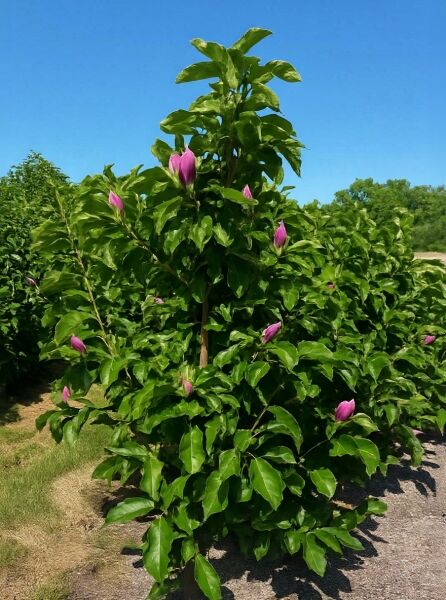 Magnolia 'Galaxy' / Großblumige Magnolie 'Galaxy' 175-200 cm mit Db., aufrechter Strauch mit grünen Blättern und rosa Knospen