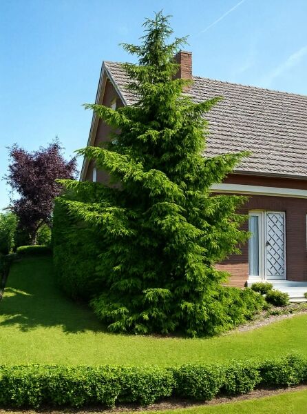 Picea orientalis (Kaukasus-Fichte) als hoher, kegelförmiger Nadelbaum mit dichtem, hellgrünem Nadelkleid im Garten.