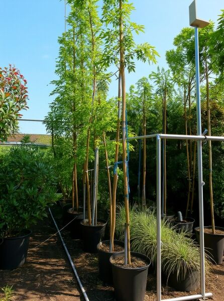 Weißer japanischer Blauregen 'Longissima Alba' (Wisteria floribunda) 450-500 cm C35 im Container, aufgebunden an Stab, grünes Laub.