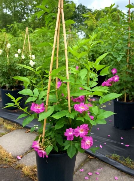 Rosa 'Veilchenblau' / Kletterrose 'Veilchenblau' A-Qualität C5 im Topf mit grünen Trieben und violettrosa Blüten an Rankhilfe.